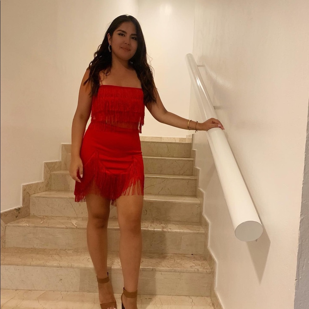 ASOS Design Tall two-piece fringe crop top and mini skirt in red with tags - Picture 2 of 5